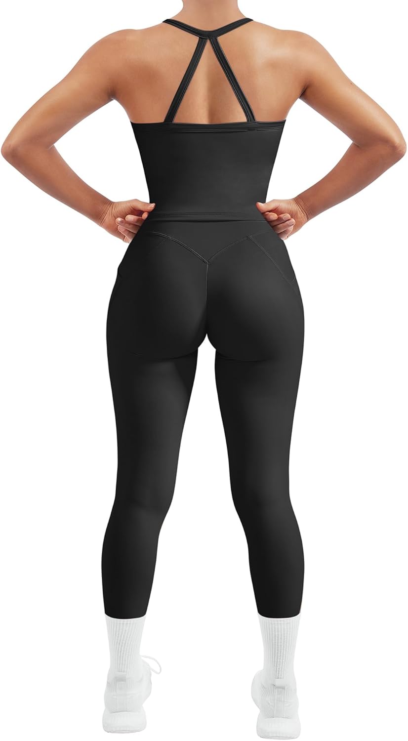 SUUKSESS Women 2 Piece Workout Sets Compression Tummy Control Leggings with Pockets Halter Built in Bra Tank Tops