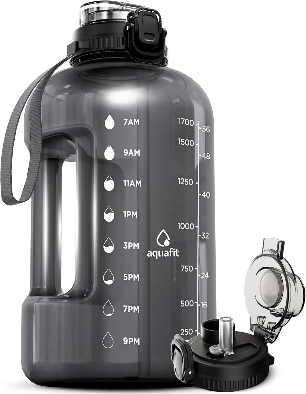 AQUAFIT Half Gallon Water Bottle with Time Marker – Straw & Chug Lid – BPA Free Gym Water Bottle with Straw – Big Gallon Jug (Gray, 64 oz – 2in1 Lid)
