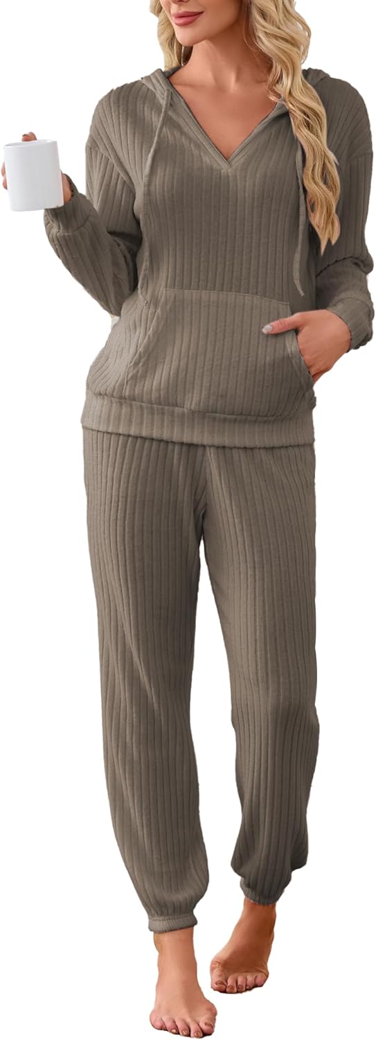 Famulily 2 Pieces Ribbed Knit Outfits Drawstring Hoodies Jogger Pants Matching Pajama Sets with Pockets