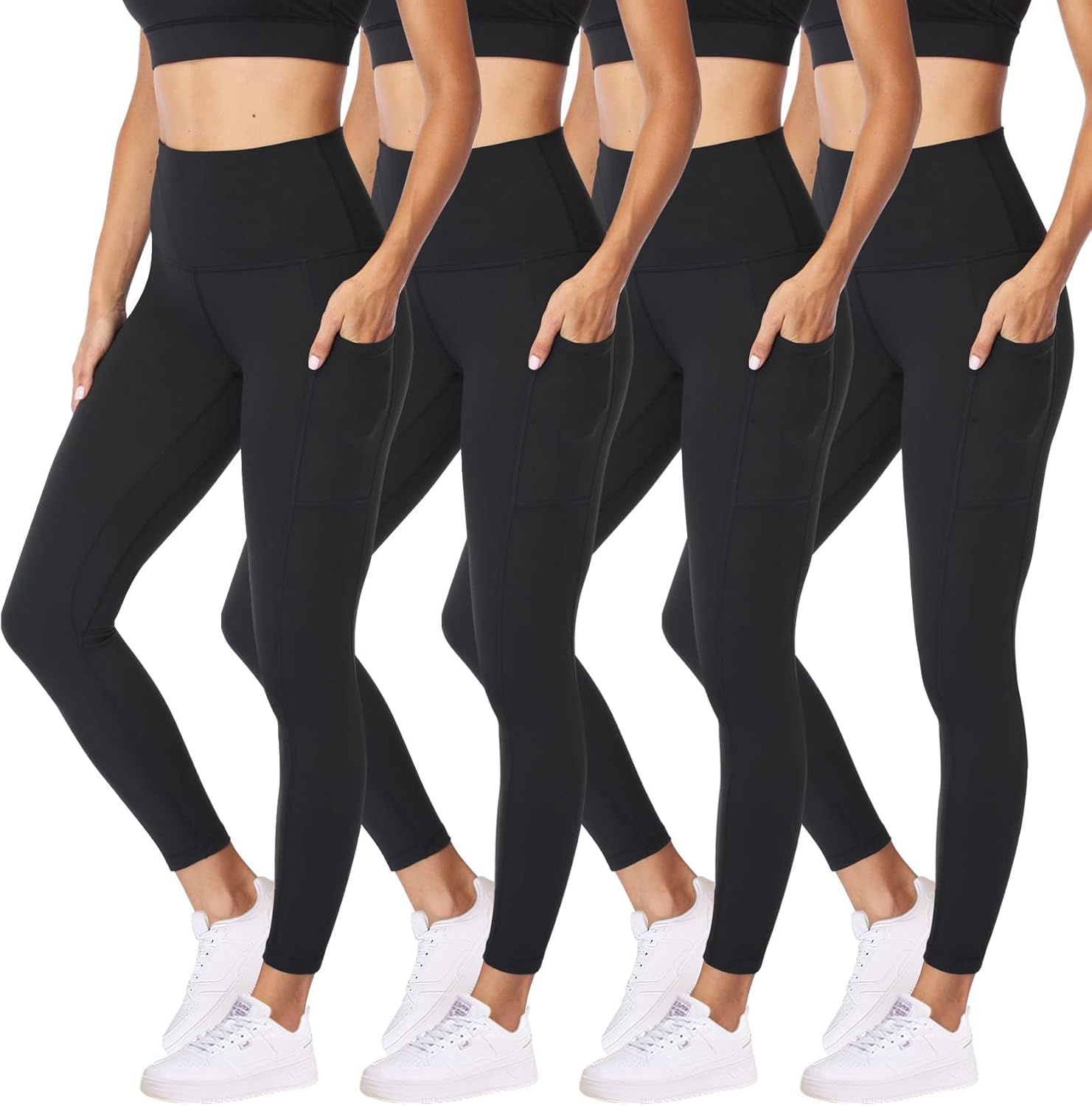 NexiEpoch 4 Pack Leggings for Women – High Waisted Tummy Control Soft Black Capri Yoga Pants with Pockets for Workout