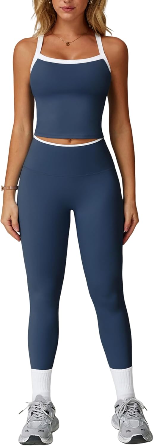 Women 2 Piece Workout Sets Padded Criss Cross Back Crop Tank High Waist Tummy Control Active Leggings Sets Yoga Outfit