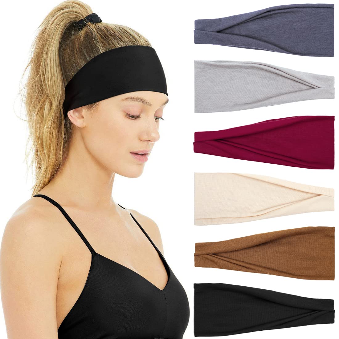Huachi Headbands for Women Non Slip – Wide Elastic Sports Sweatband Headbands, Soft Stretchy Hair Bands for Yoga, Workout, Running & Daily Use, 6 Pack Thick Head Bands