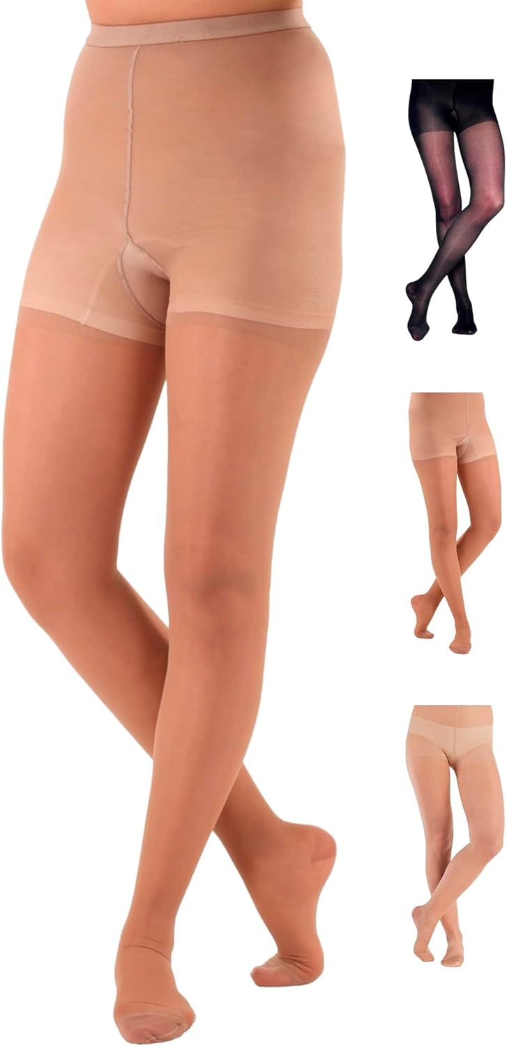 Made in USA – Sheer Compression Pantyhose for Women 20-30mmHg – Graduated Support Compression Tights for Varicose Veins Circulation, Edema, Pain Relief – Beige, Medium – A207BE2