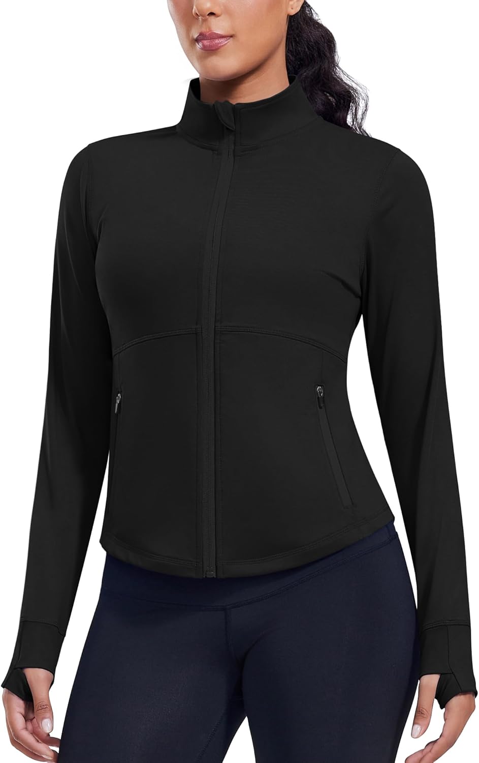 PINSPARK Women’s Cropped Workout Jacket Lightweight Full Zip Running Jacket Comfy Slim Fit Athletic Jackets with Thumb Holes