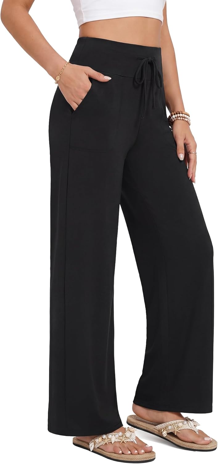 ZOOSIXX Capri Pants for Women – Wide Leg Loose Casual Trousers with Pockets Summer High Waisted Drawstring Pants