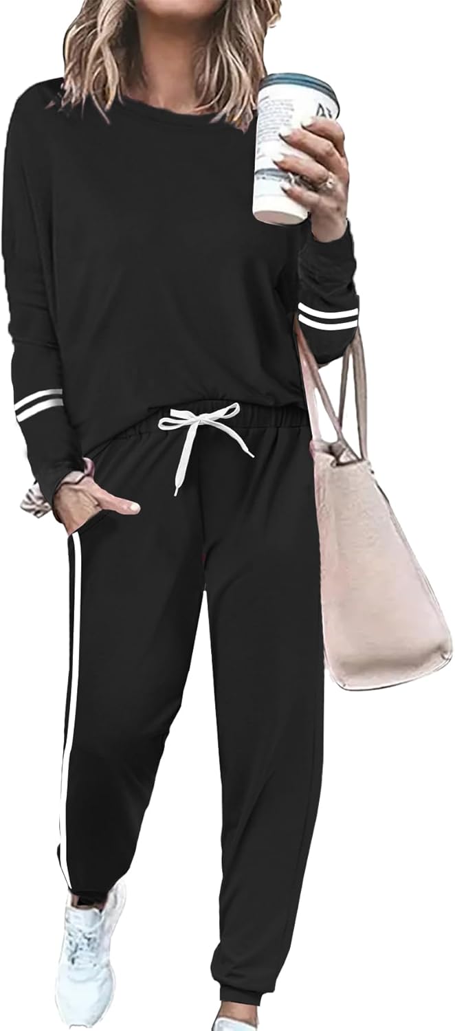 Women 2 Piece Outfits Crew Neck Striped Long Sleeve Casual Sweatsuit Lounge Set Tracksuits Pajama Pullover with Pocket