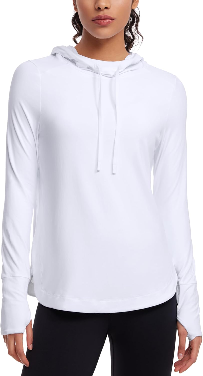 CRZ YOGA Workout Long Sleeve Shirt for Women Hoodie Pullover Athletic Hooded Sweatshirts Sports Gym Tops with Thumbhole