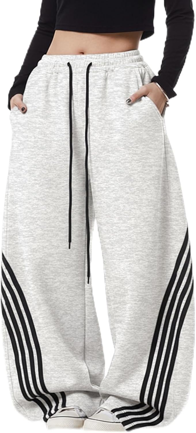 EMMIOL Women’s Y2K Baggy Barrel Striped Sweatpants, High Waisted Wide Leg Pants, Joggers with Drawstring Waist and Cuffs