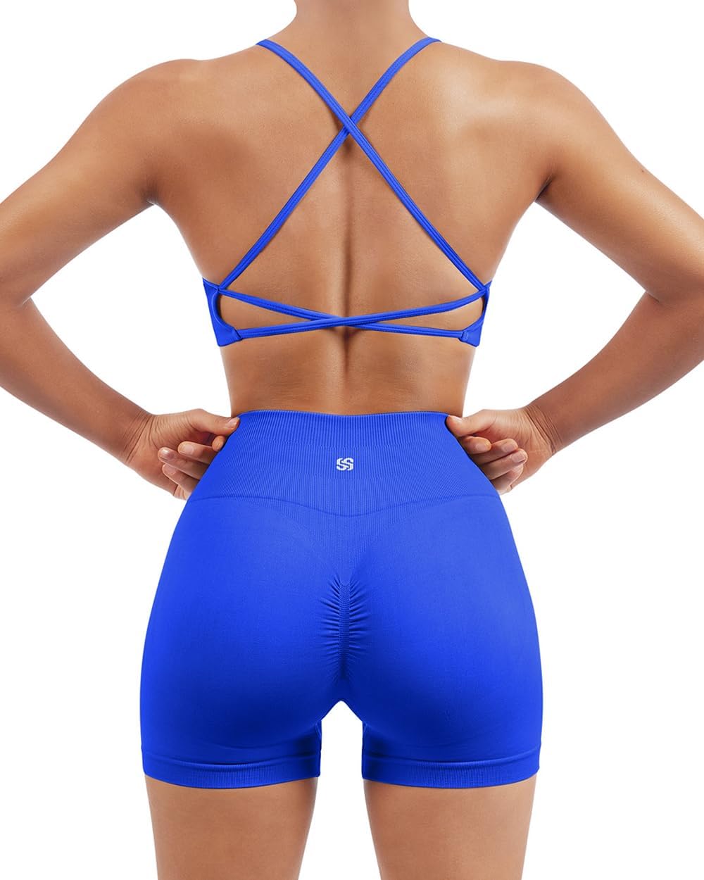 SUUKSESS Women Seamless Workout Sets Strappy Sports Bra High Waist Booty Shorts Outfits
