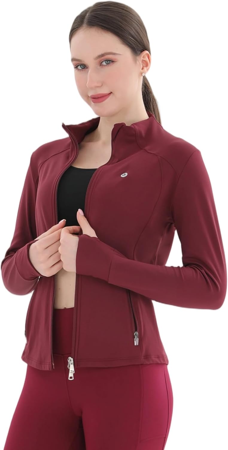 Women’s, Thermal, Fleece Lined, Slim Fit, Winter Running, Warm Stand Collar, Yoga Track Top, 2-Way Zip, 4 Pockets