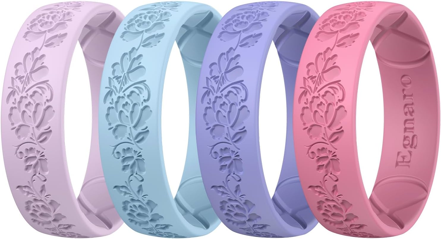 Egnaro Silicone Rings for Her, Etched Classic Rubber Wedding Bands Women, Breathable and Flexible Design, 6mm Wide – 2mm Thick