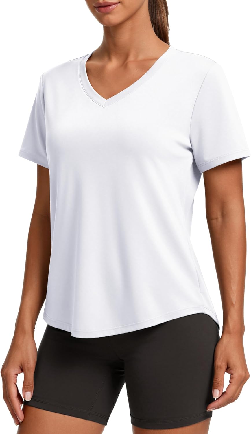 PINSPARK Soft Workout Tops for Women Short Sleeve V Neck Moisture Wicking UPF 50+ Sun Protection Quick Dry Gym Shirts