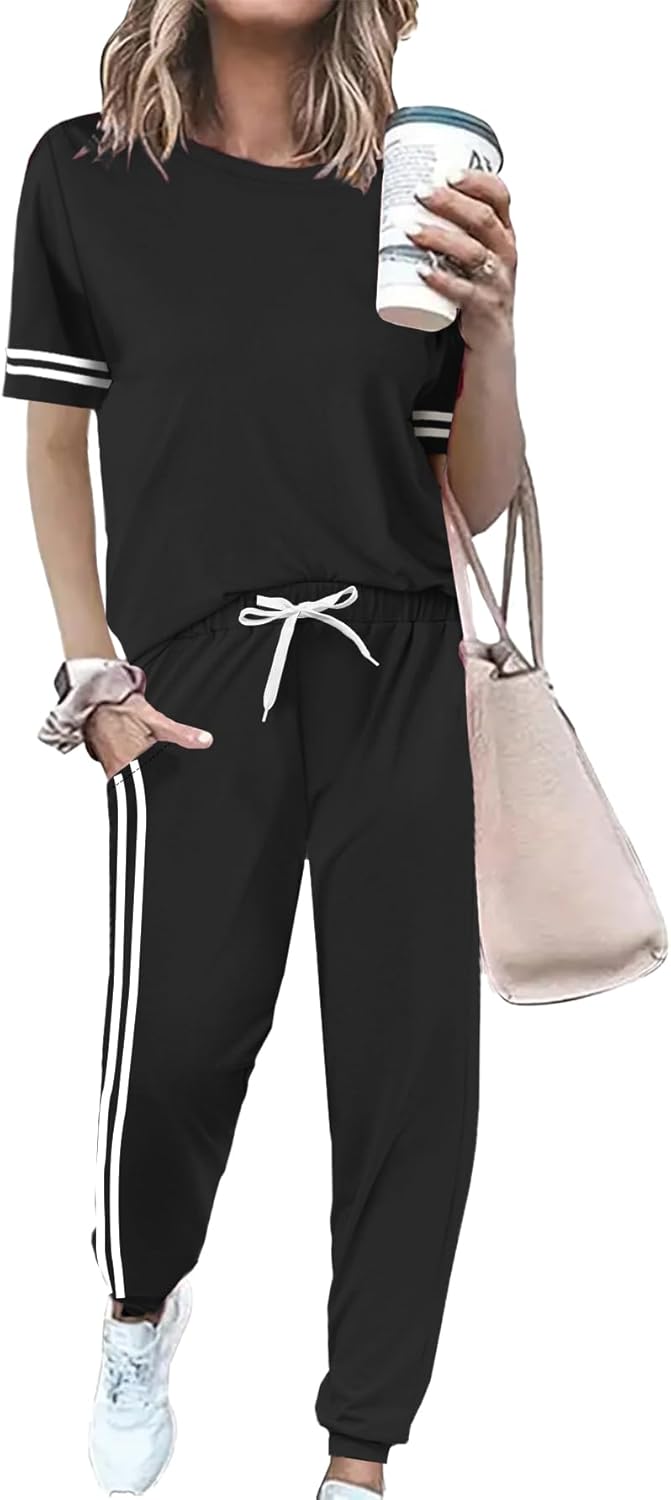 Women 2 Piece Outfits Summer Set Striped Short Sleeve Sweatsuits Crew Neck Pullover Lounge Tracksuit with Pocket