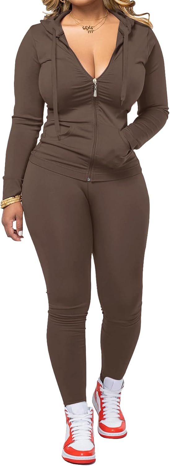 Women Two Piece Outfits Workout Sets Bodycon Legging Jacket Tracksuit Zip Up Hoodie Jogger Matching Sweat Pants Set