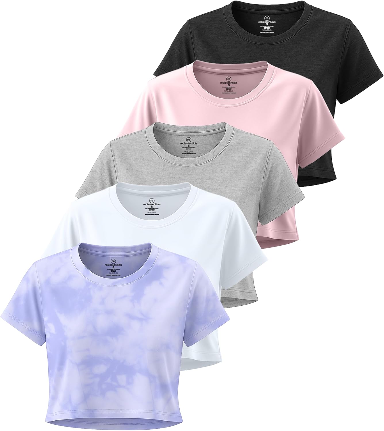Real Essentials 5 Pack: Women’s Dry-Fit Crop Top Short Sleeve Shirts Workout Gym Cropped Athletic Tee (Available in Plus)