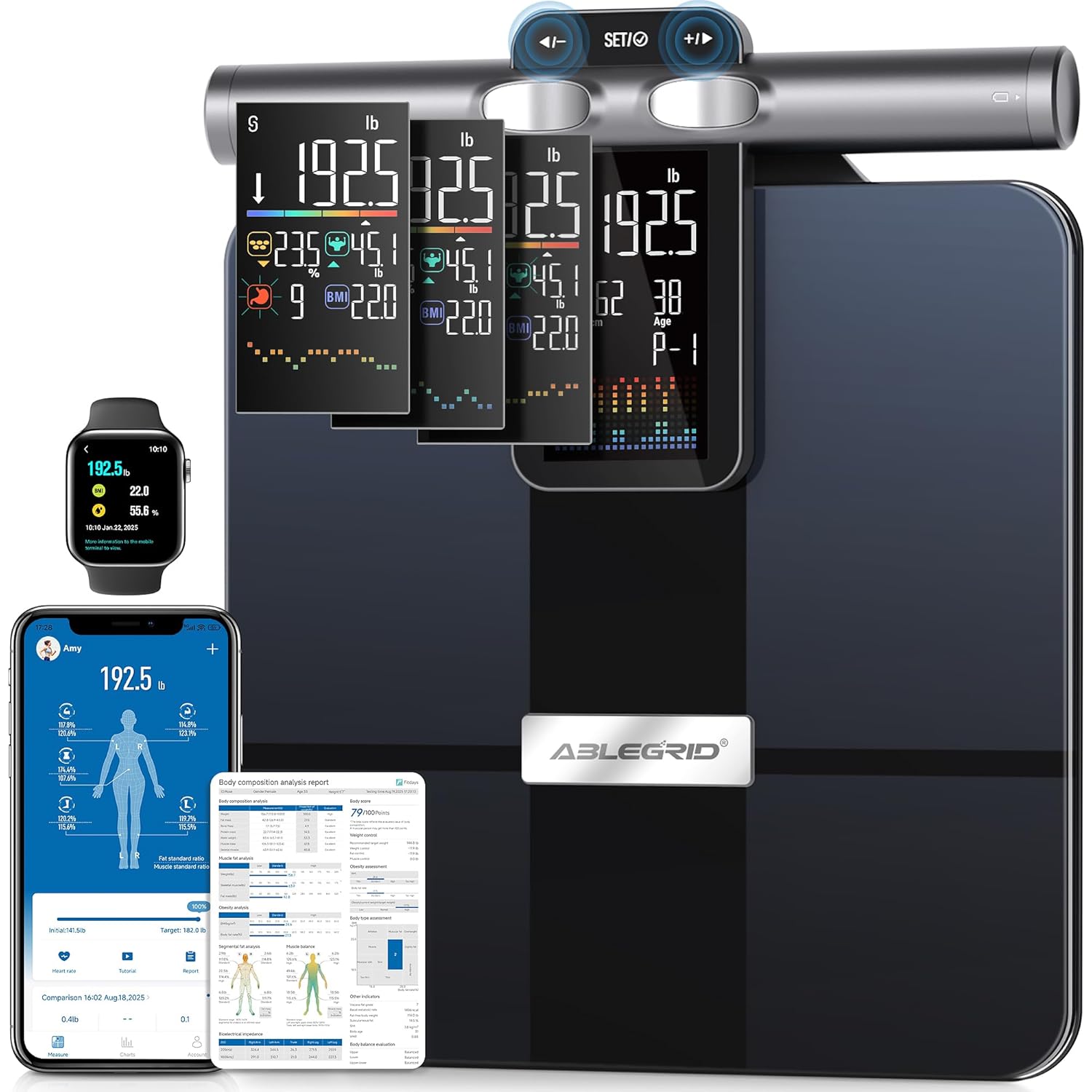 ABLEGRID 8-Electrode Digital Smart Bathroom Scale for Body Weight and Fat Percentage,Full Body Composition Analyzer with Gradient Trends Display,12.2″ Platform Handle BMI Weighing Machine,400lb