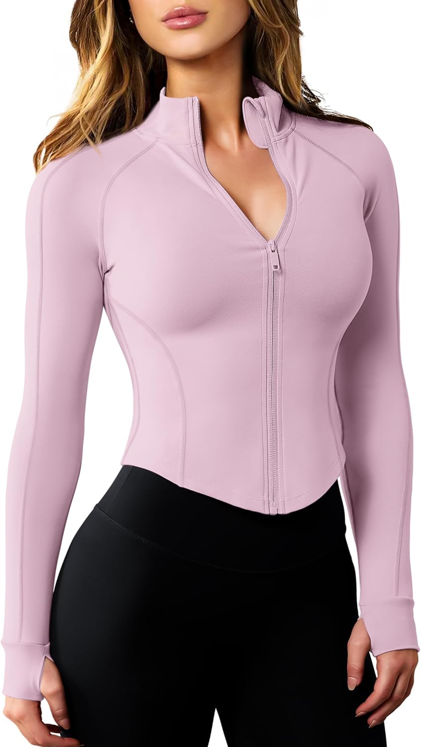 AVGO Women’s Workout Jacket Lightweight Zip Up Cropped Yoga Jackets Slim Fit Athletic Tops with Thumb Holes