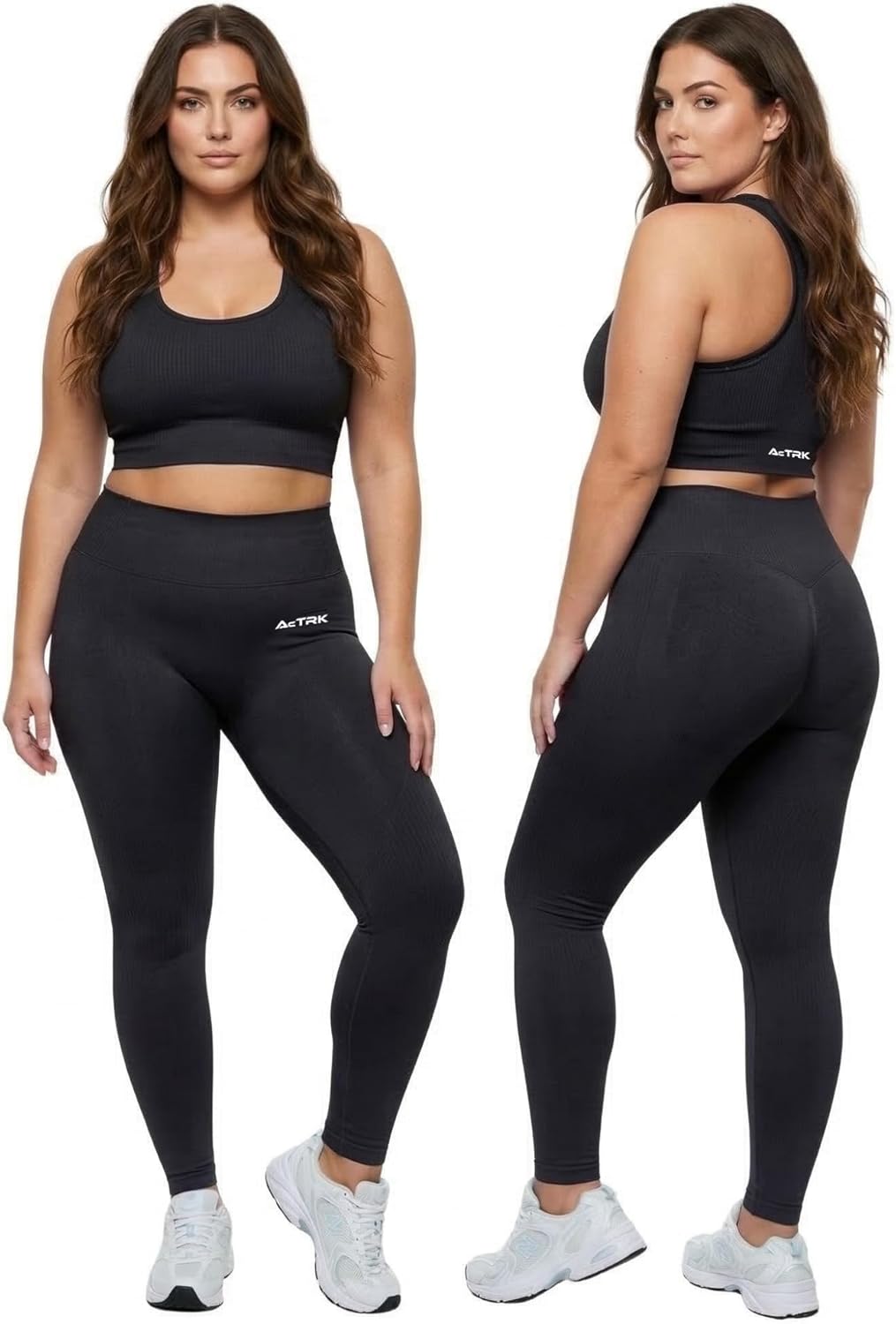 Women’s Workout Set Matching 2 Piece Size L – Squat Proof High Waist Seamless Ribbed Leggings and Racerback Sports Bra