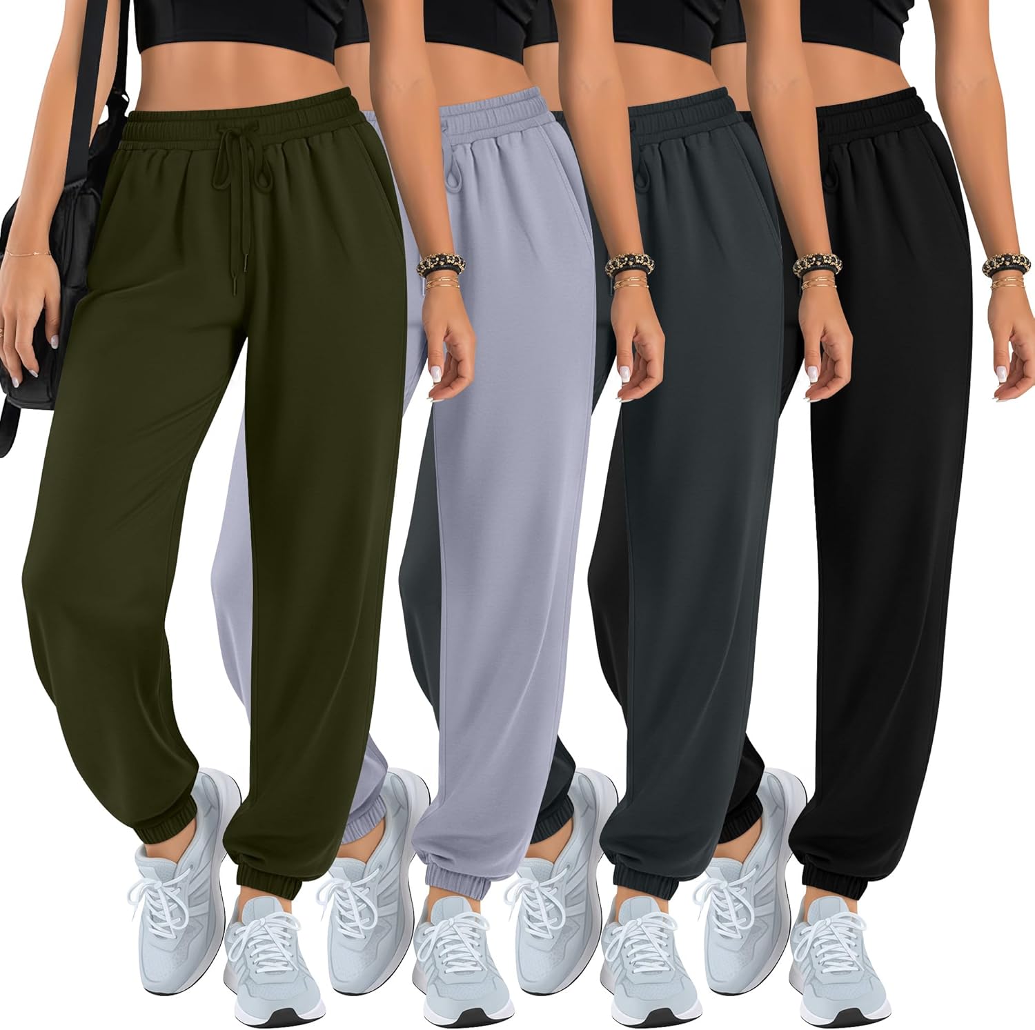 Oakgarden 4 Pack Women’s Lounge Joggers High Waisted Sweatpants with Pockets Comfy Drawstring Casual Workout Yoga Pants
