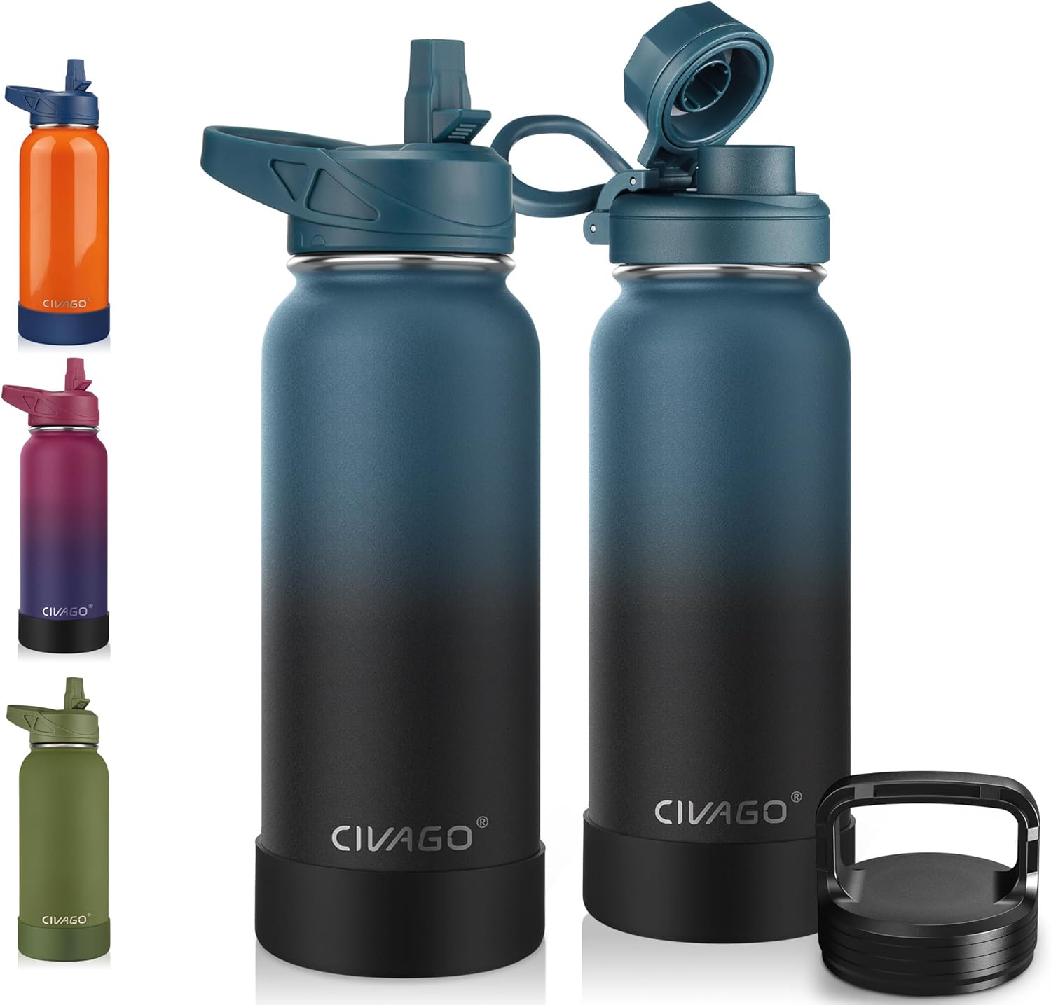 CIVAGO 32 oz Insulated Water Bottle With Straw, Stainless Steel Sports Water Cup Flask with 3 Lids (Straw, Spout and Handle Lid), Wide Mouth Travel Thermal Mug, Indigo Black