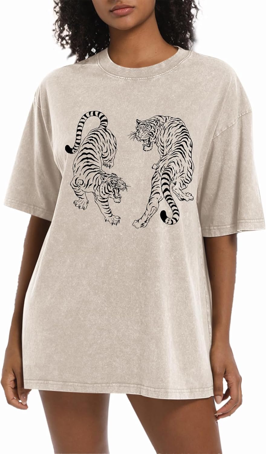 Tiger Graphic Tees Shirt for Women Oversized Streetwear Shirts Acid Wash Tshirt Tigers Print Cotton Summer Tops