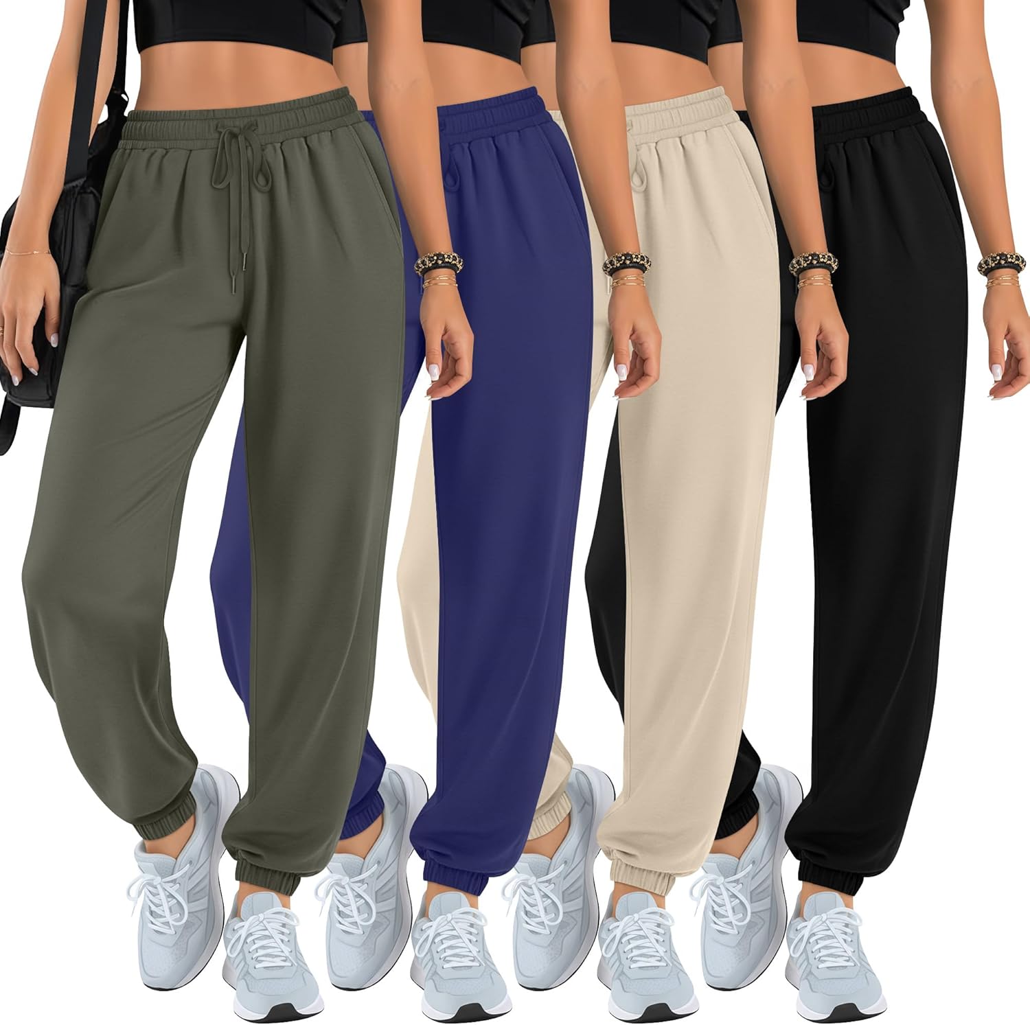 Oakgarden 4 Pack Women’s Lounge Joggers High Waisted Sweatpants with Pockets Comfy Drawstring Casual Workout Yoga Pants
