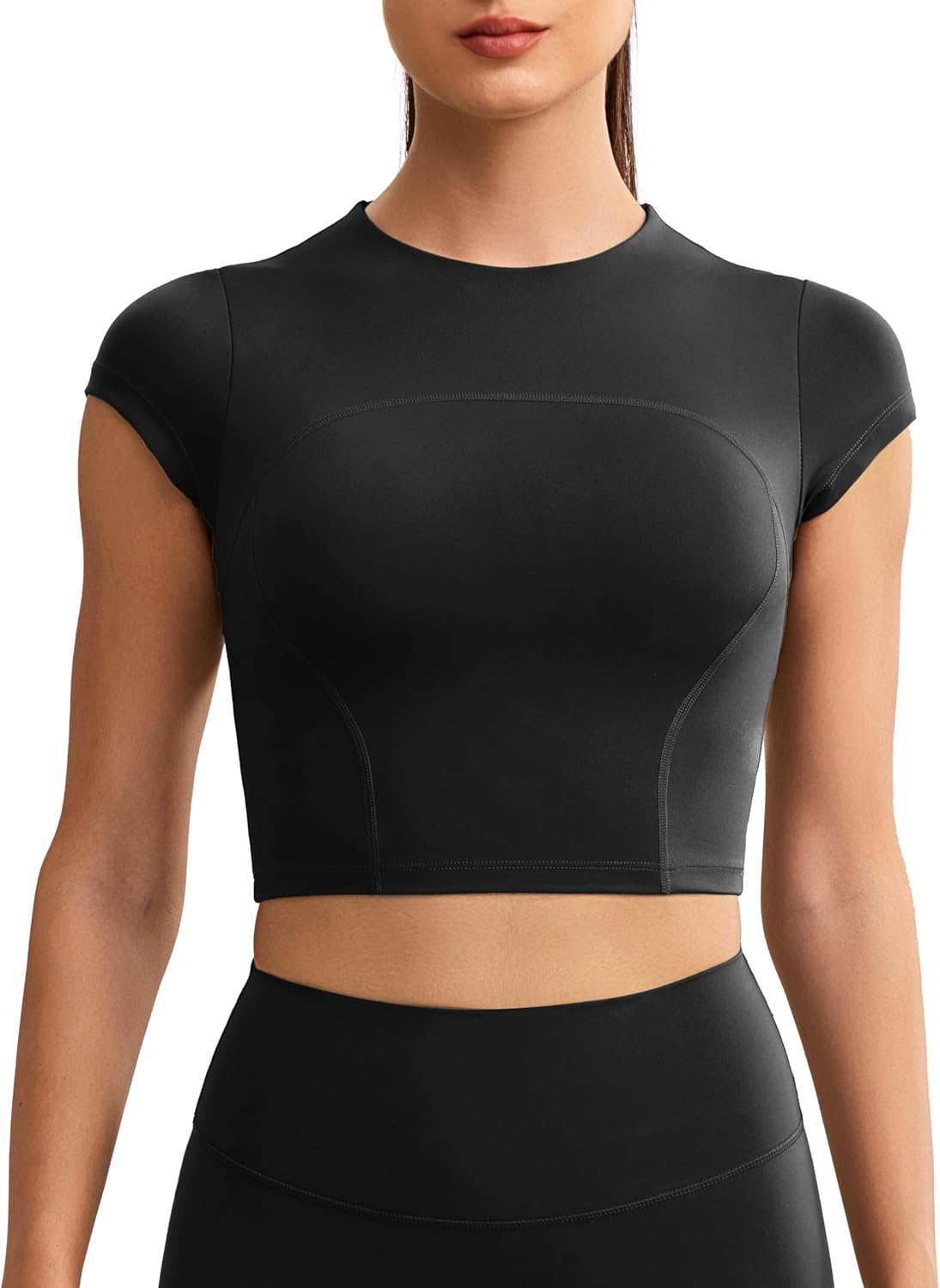 ENERBLOOM Workout Crop Tops for Women Yoga Short Sleeve Mild Support Slim Fit Cropped Athletic Shirts Gym Tee Built in Bra