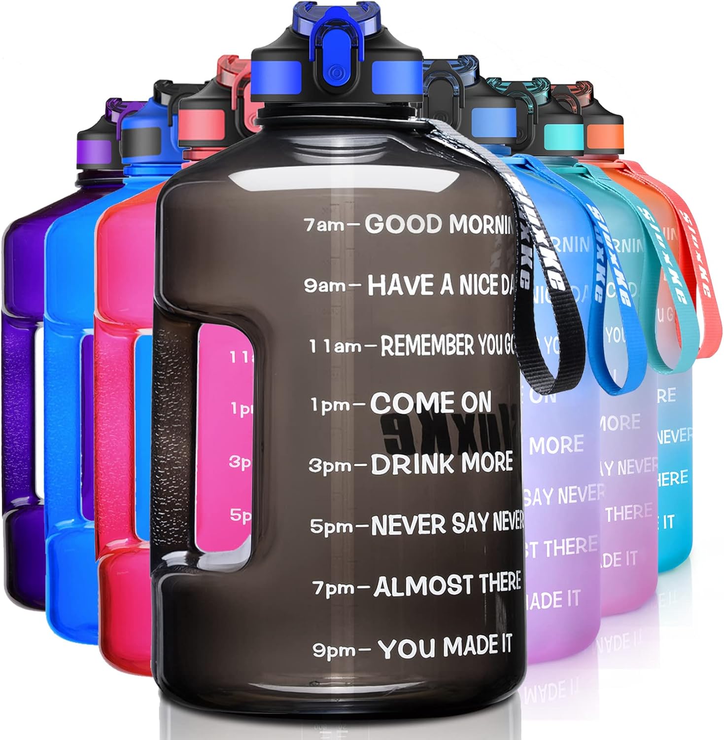 SLUXKE 1 Gallon Motivational Sports Water Bottle with Time Marker, BPA Free 128oz Leak Proof Jug, Black, Plastic, 128 ounces, Fitness, Sports, Outdoor Activities