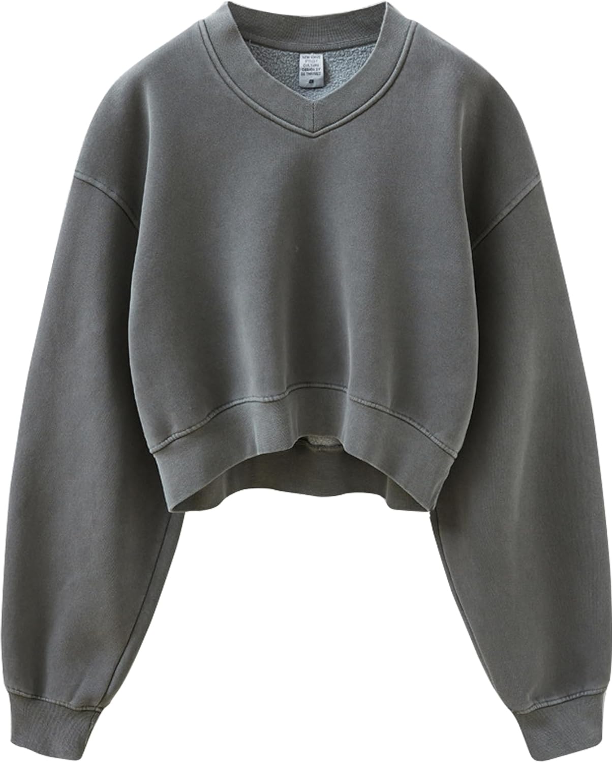 Meladyan Women Casual Cropped Sweatshirt Basic Solid Long Sleeve Fleece V Neck Loose Drop Shoulder Pullover Crop Tops Vintage