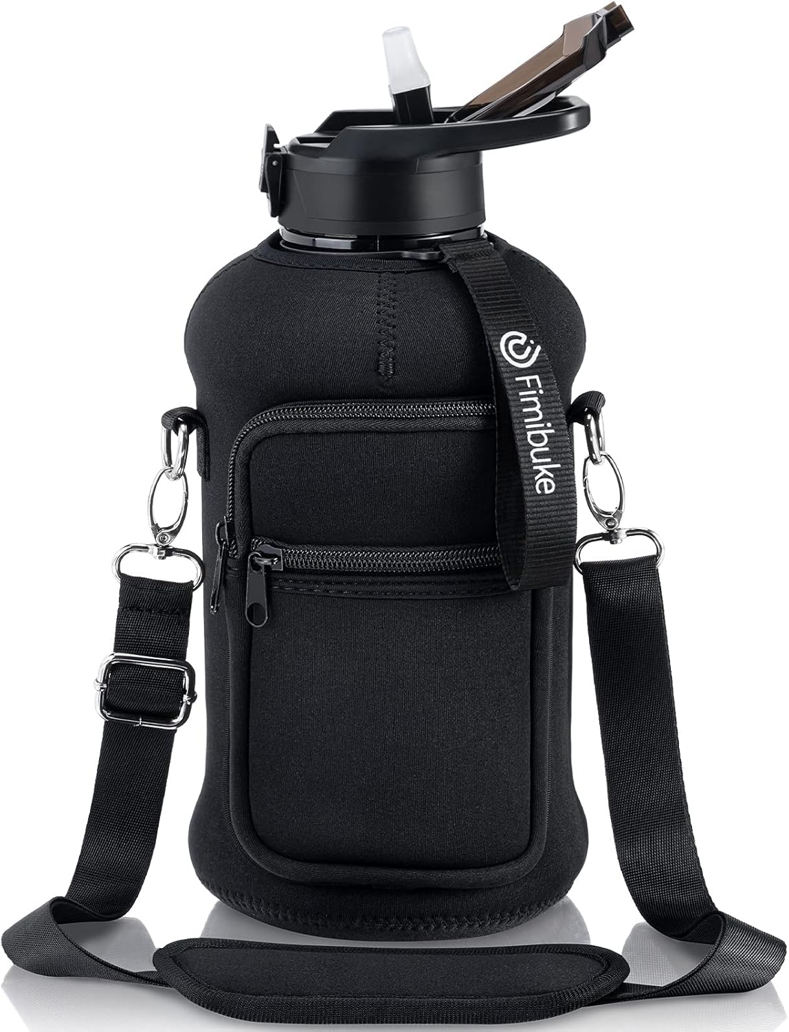 Fimibuke Half Gallon Water Bottle with Sleeve 64 OZ Water Bottle with Handle & Straw Leakproof Motivational Sports Gym Water Bottle with Time Marker BPA Free Water Jug with Reusable Neoprene Holder