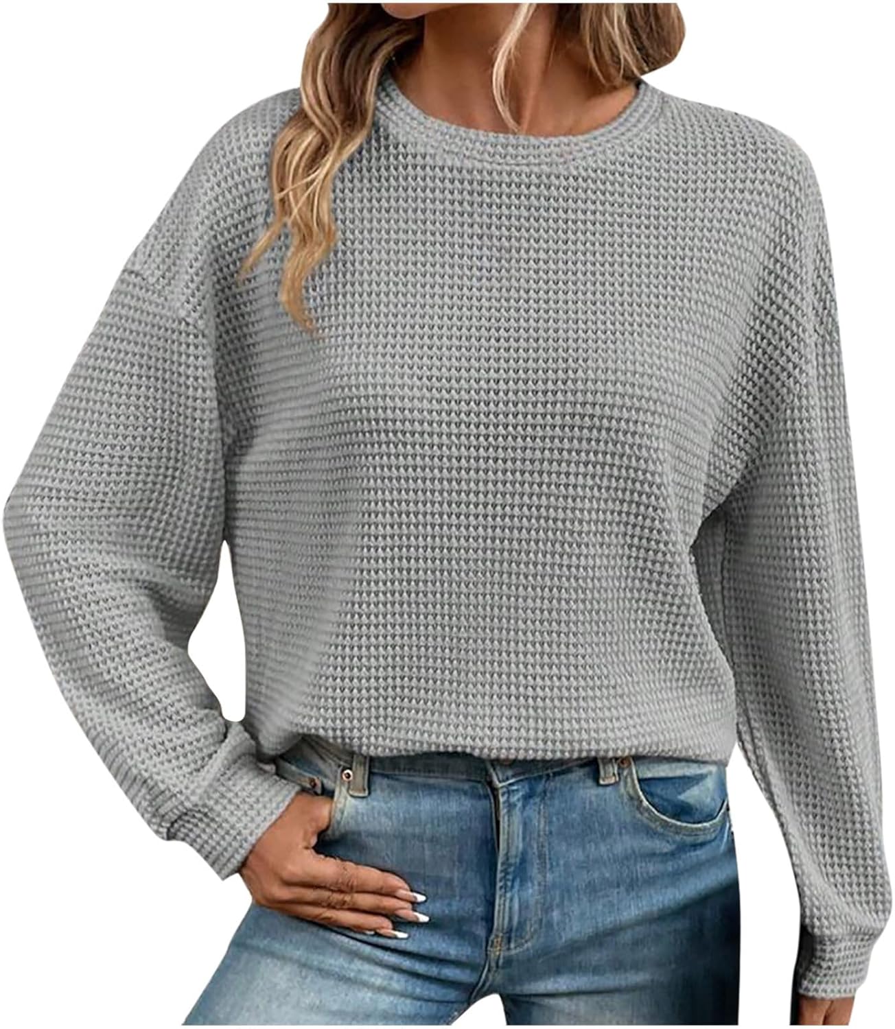 Womens Waffle Knit Tops Oversized Long Sleeve Crewneck Shirts Fall Winter Business Casual Blouses Basic Shirts