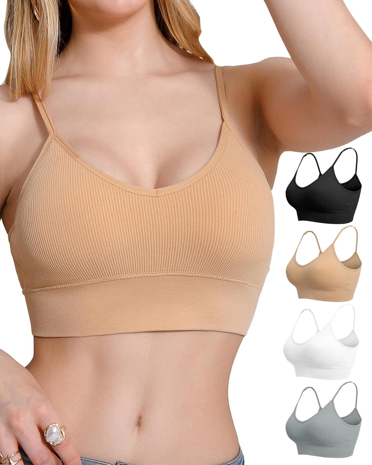 QDN Seamless Bralette with Removable Padded Cups Adjustable Straps– Soft Wireless Support for Yoga, Low Back Bra Sleep Bras