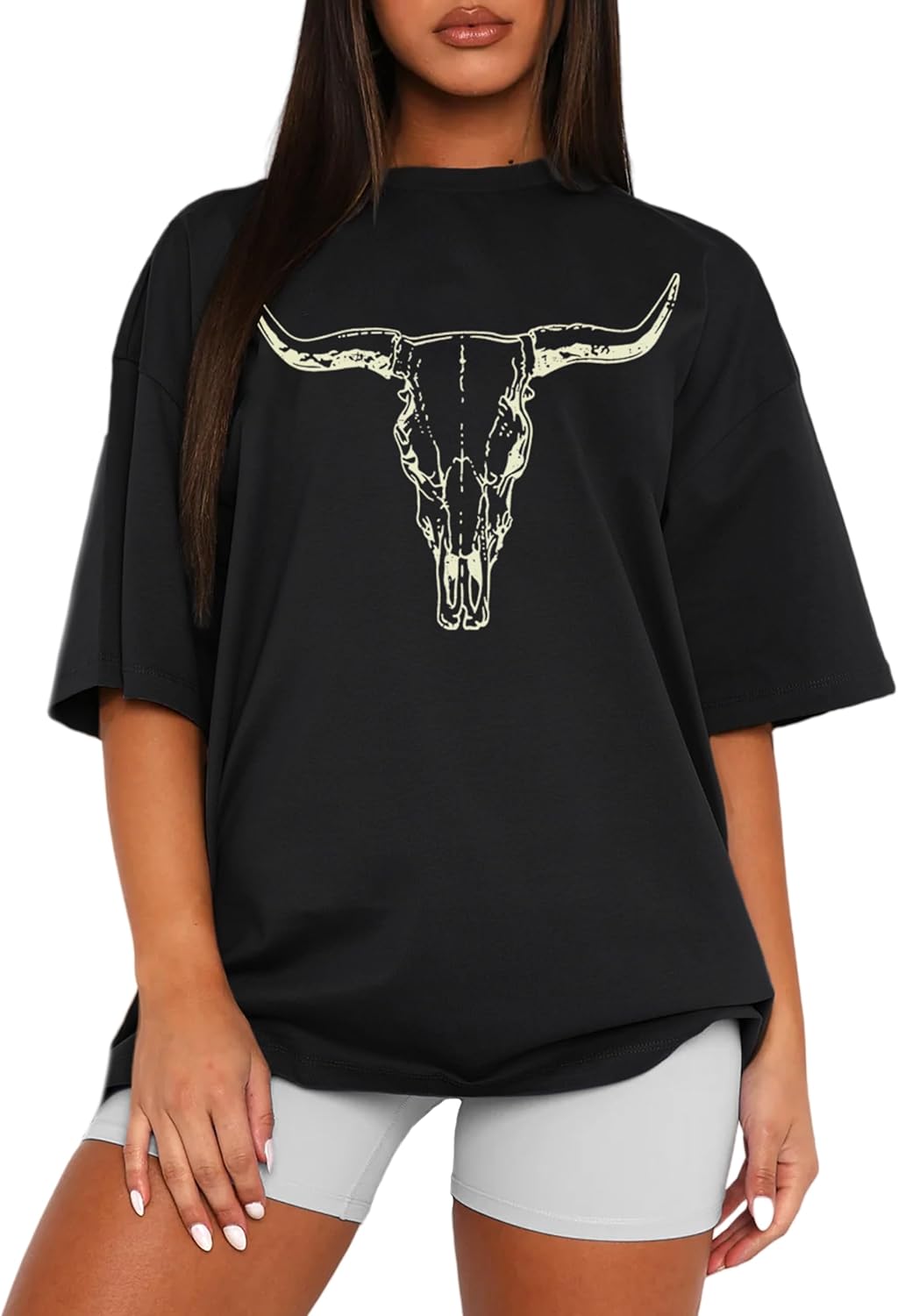 MAPICK Women Boho Cow Skull T-Shirts Western Cowgirls Graphic Crewneck Shirts Country Concert Short Sleeve Outfits