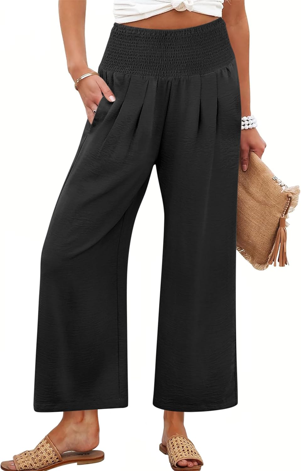 ANRABESS Womens Pants Wide Leg High Waisted Palazzo Pants Summer Flowy Beach Lounge Casual Trousers with Pockets