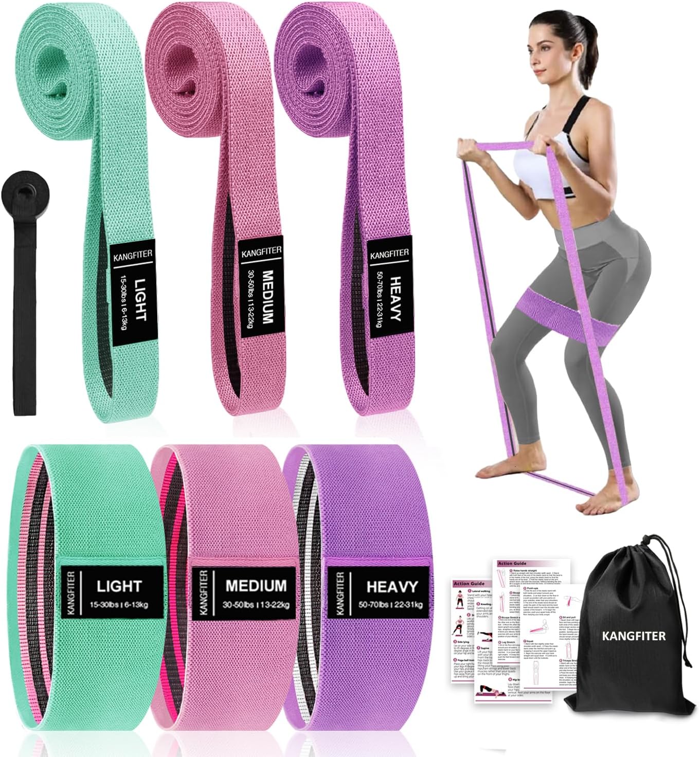 KANGFITER Long and Short Fabric Resistance Bands with Door Anchor, Non-Slip Stretch Booty Bands for Working Out Women & Men, Loop Exercise Elastic Bands for Home Physical Therapy Yoga Pilates