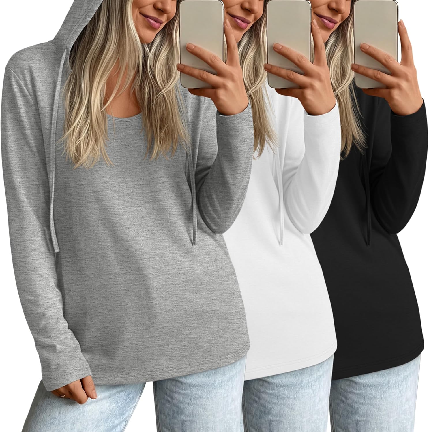 3 Pack Women’s Cotton Oversized Hoodies Lightweight Scoop Neck Shirt Long Sleeve Drop Shoulder Casual Sweatshirt