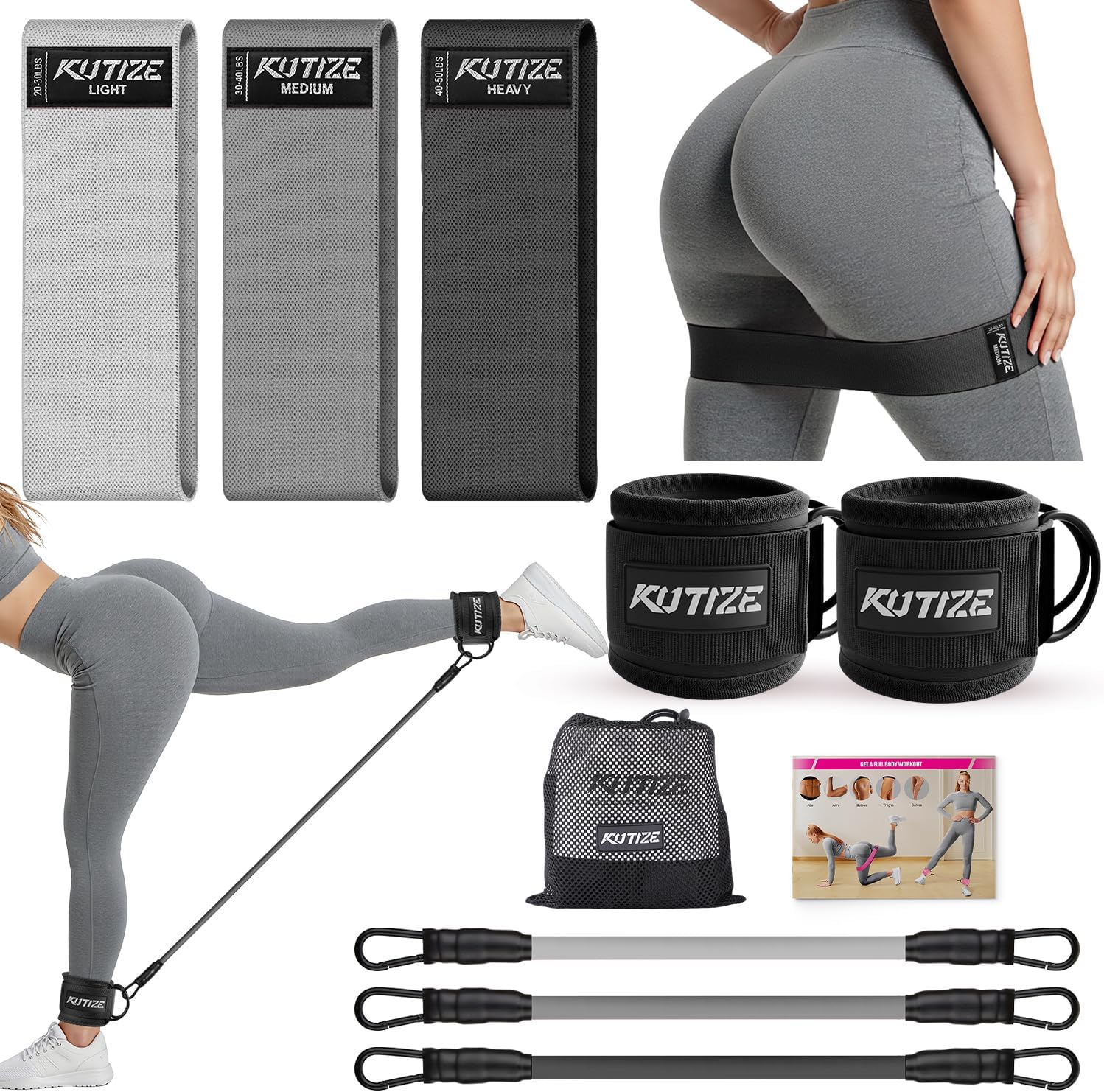 KUTIZE Ankle Resistance Bands with Cuffs & Fabric Resistance Bands Set – Legs & Glutes Workout Equipment for Women & Men, Home Gym Heavy Exercise Bands for Hip, Yoga, Strength Training, Rehab, Pilates
