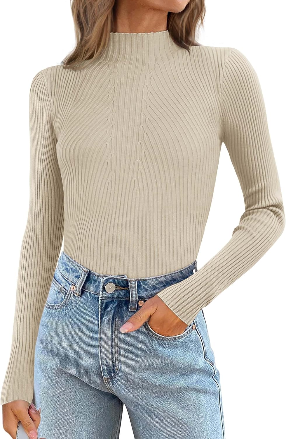 ATHMILE Women’s 2026 Fall Long Sleeve Pullover Ribbed Knit Sweater Low Mock Neck Slim Fit Basic Casual Tee Tops