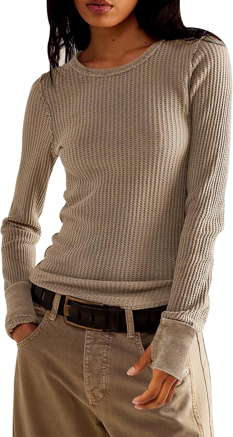 Women’s Waffle Knit Tops Long Sleeve Shirts Casual Slim Fitted Crew Neck Pullover Shirts