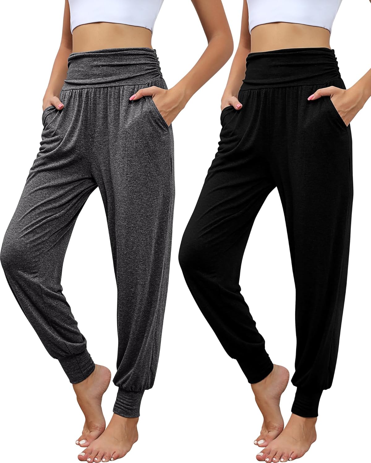 Locoowai 2 Pack Women’s Yoga Joggers, Cozy Sweatpants with Pockets Casual Loose Comfy High Waisted Lounge Pants