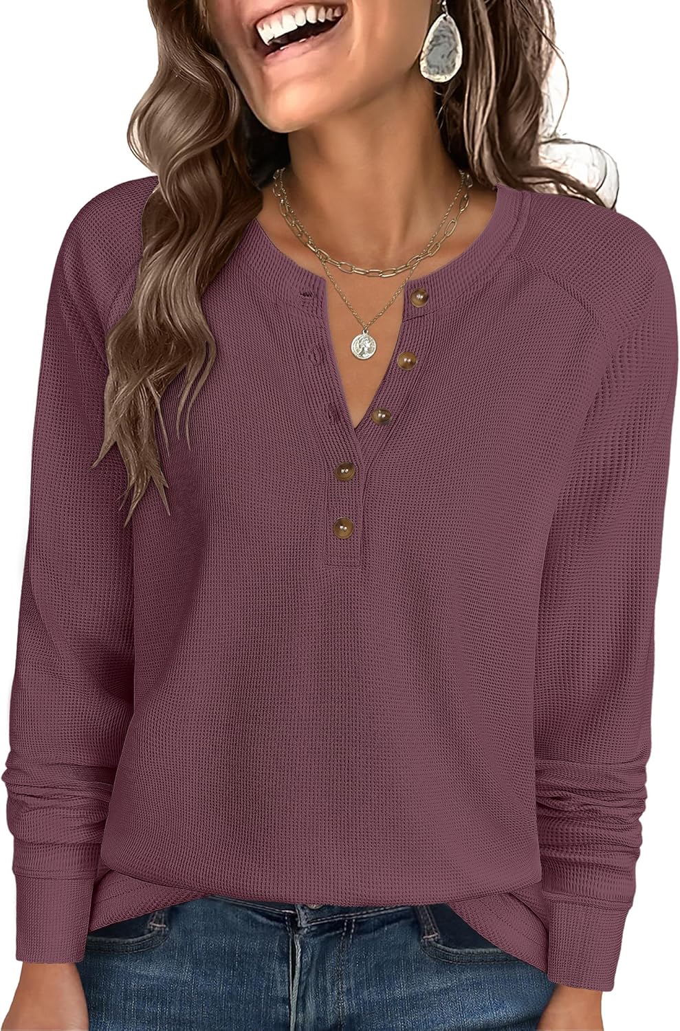 ANRABESS Women’s Long Sleeve Waffle Knit Shirts Dressy Casual Loose Button Up V Neck Henley Tops 2026 Fall Basic Tee Blouse