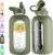 CIVAGO 64 oz Glass Water Bottle Jug with Straw and Handle, Half Gallon Sports Motivational Bottle with Time Marker, Large Flask Canteen with Silicone Sleeve for Gym, Army Green